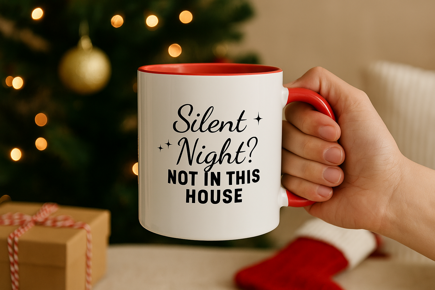 Silent Night? Not In This House – Funny Christmas Mug, Humorous Holiday Coffee Cup, Sarcastic Gift for Parents, Friends & Coworkers