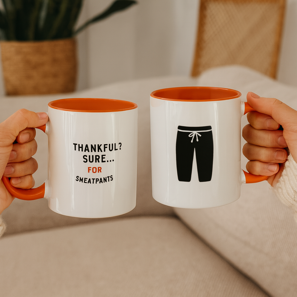 Thankful? Sure… For Sweatpants” Funny Thanksgiving Mug | 11oz Orange Ceramic Coffee Cup | Sarcastic Fall Gift