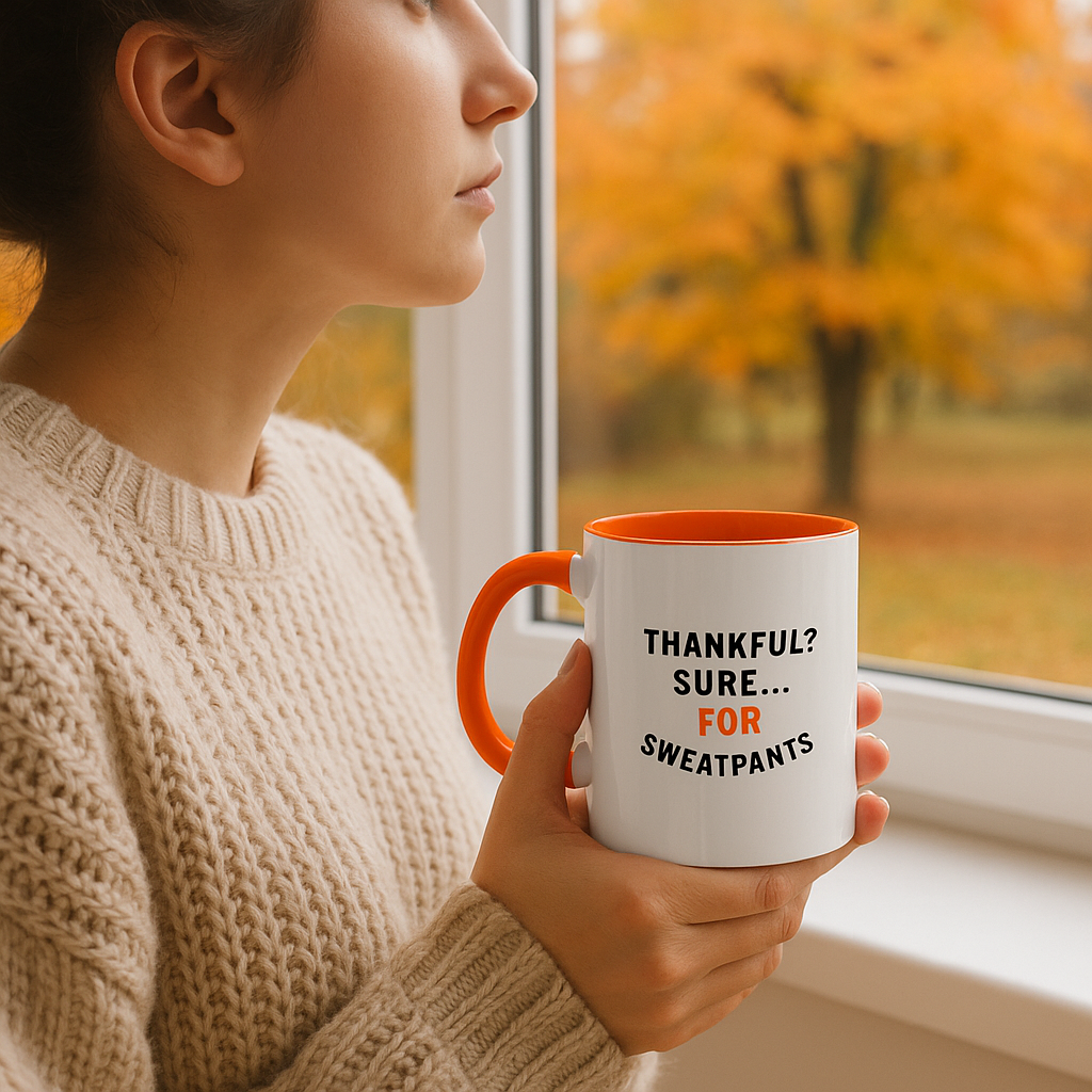 Thankful? Sure… For Sweatpants” Funny Thanksgiving Mug | 11oz Orange Ceramic Coffee Cup | Sarcastic Fall Gift