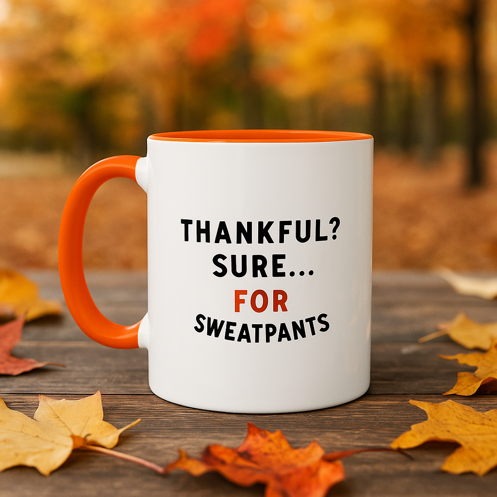 Thankful? Sure… For Sweatpants” Funny Thanksgiving Mug | 11oz Orange Ceramic Coffee Cup | Sarcastic Fall Gift
