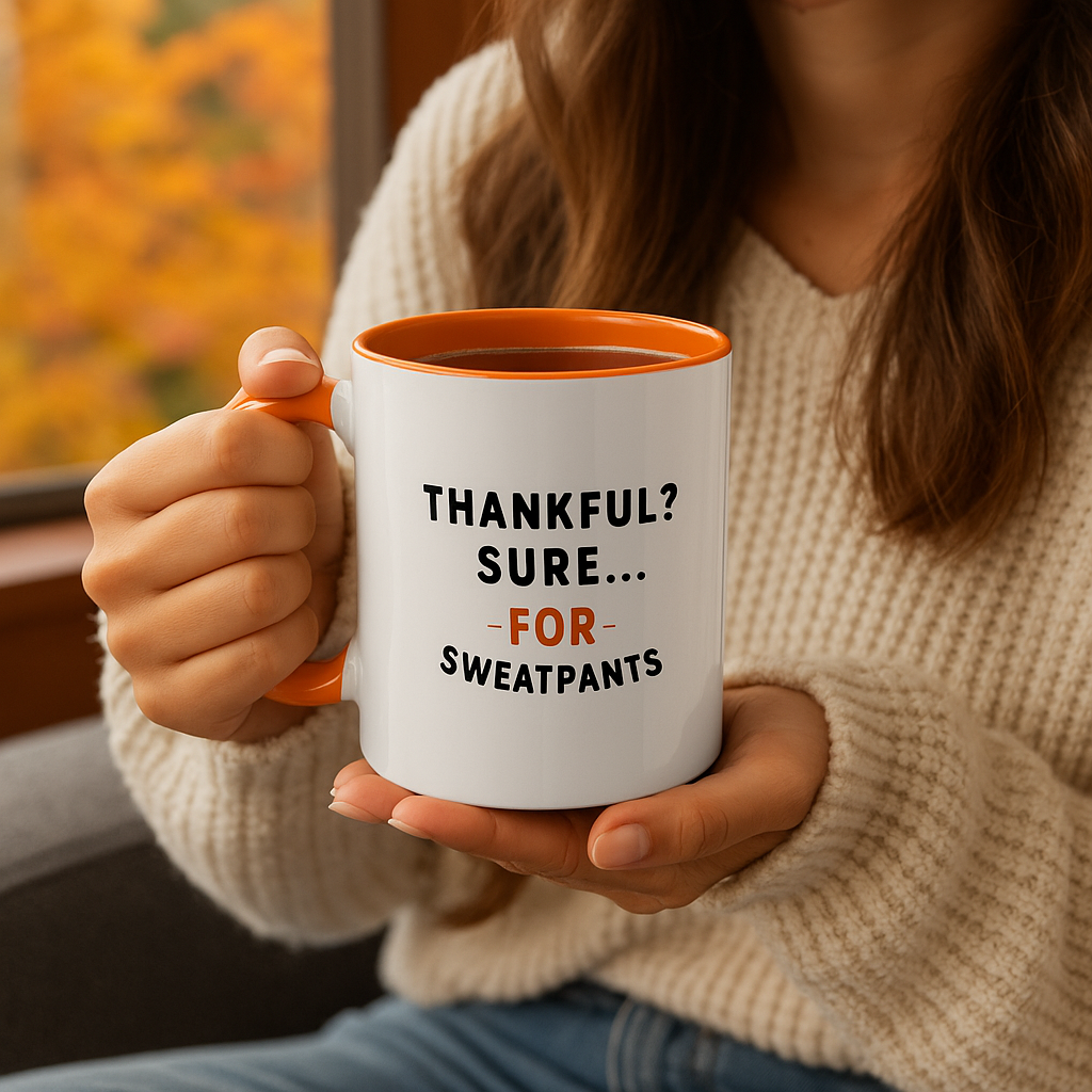 Thankful? Sure… For Sweatpants” Funny Thanksgiving Mug | 11oz Orange Ceramic Coffee Cup | Sarcastic Fall Gift