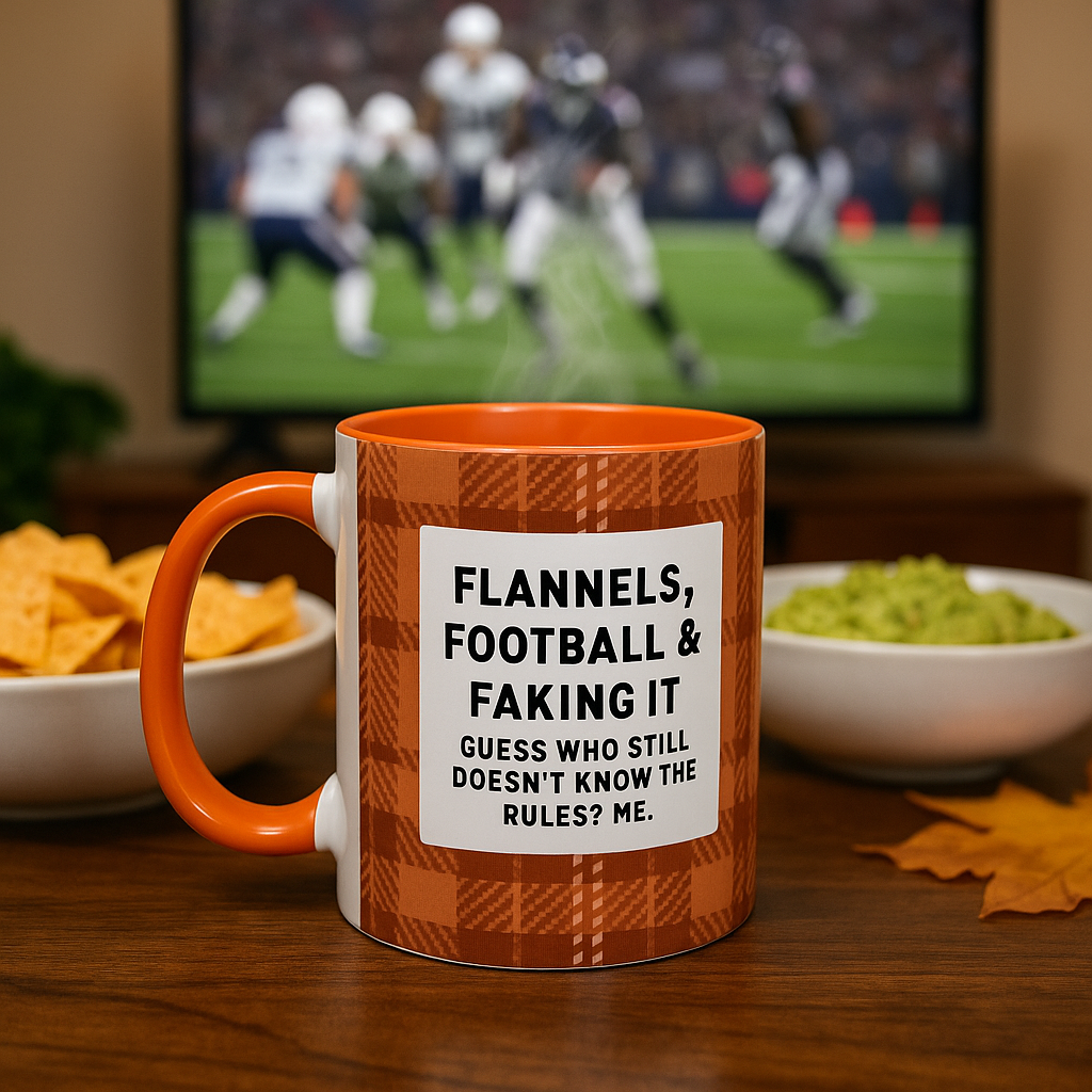 Flannels Football & Faking It Mug, Funny Fall Coffee Cup, Sarcastic Football Gift, Game Day Mug, Autumn Plaid Coffee Mug