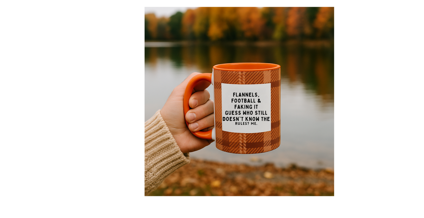 Flannels Football & Faking It Mug, Funny Fall Coffee Cup, Sarcastic Football Gift, Game Day Mug, Autumn Plaid Coffee Mug