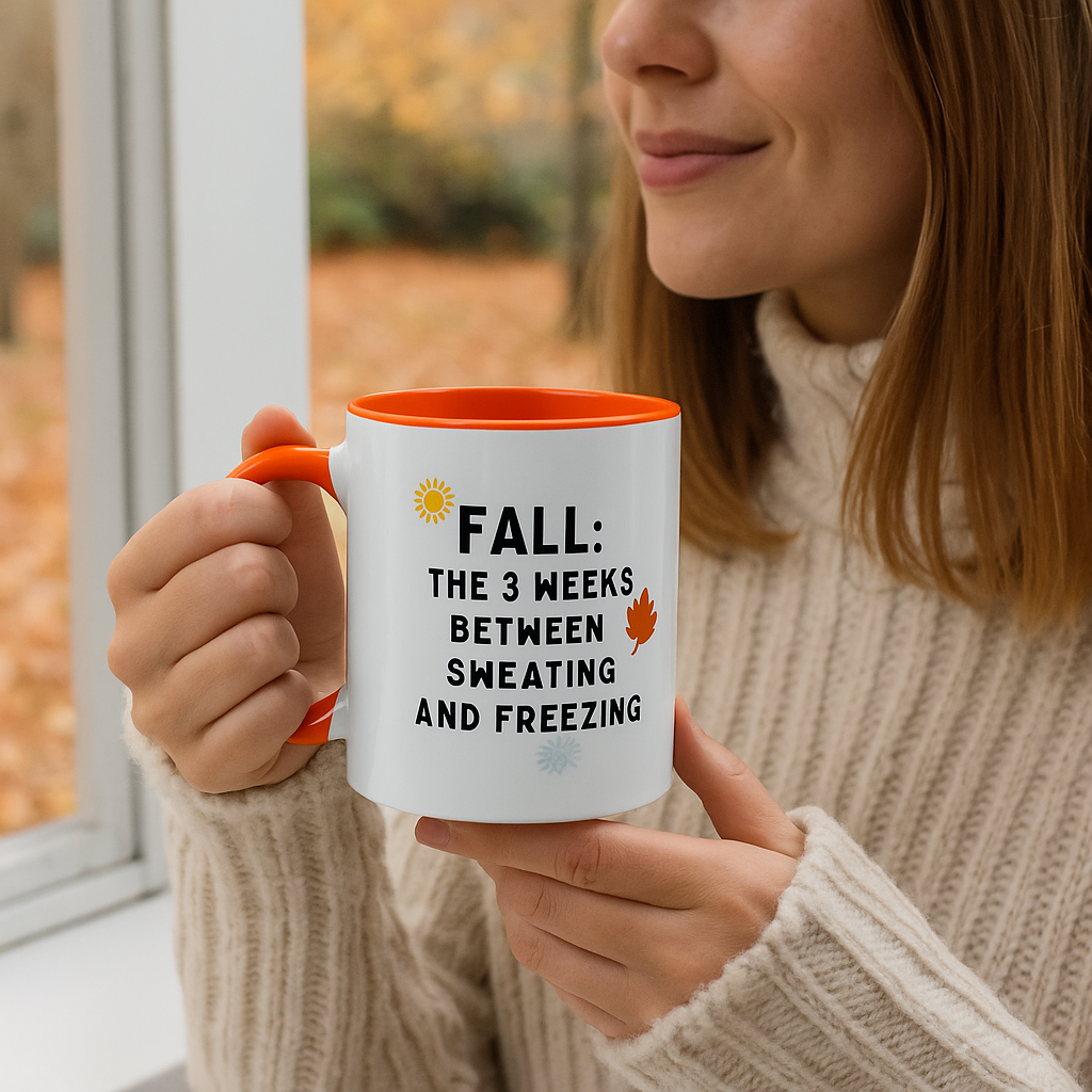Funny Fall Mug – “3 Weeks Between Sweating & Freezing” | Sarcastic Coffee Cup