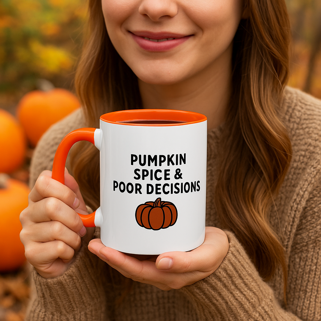 Pumpkin Spice & Poor Decisions Mug, Funny Fall Coffee Cup, Sarcastic Autumn Gift, Pumpkin Humor Mug, PSL Coffee Lover Gift