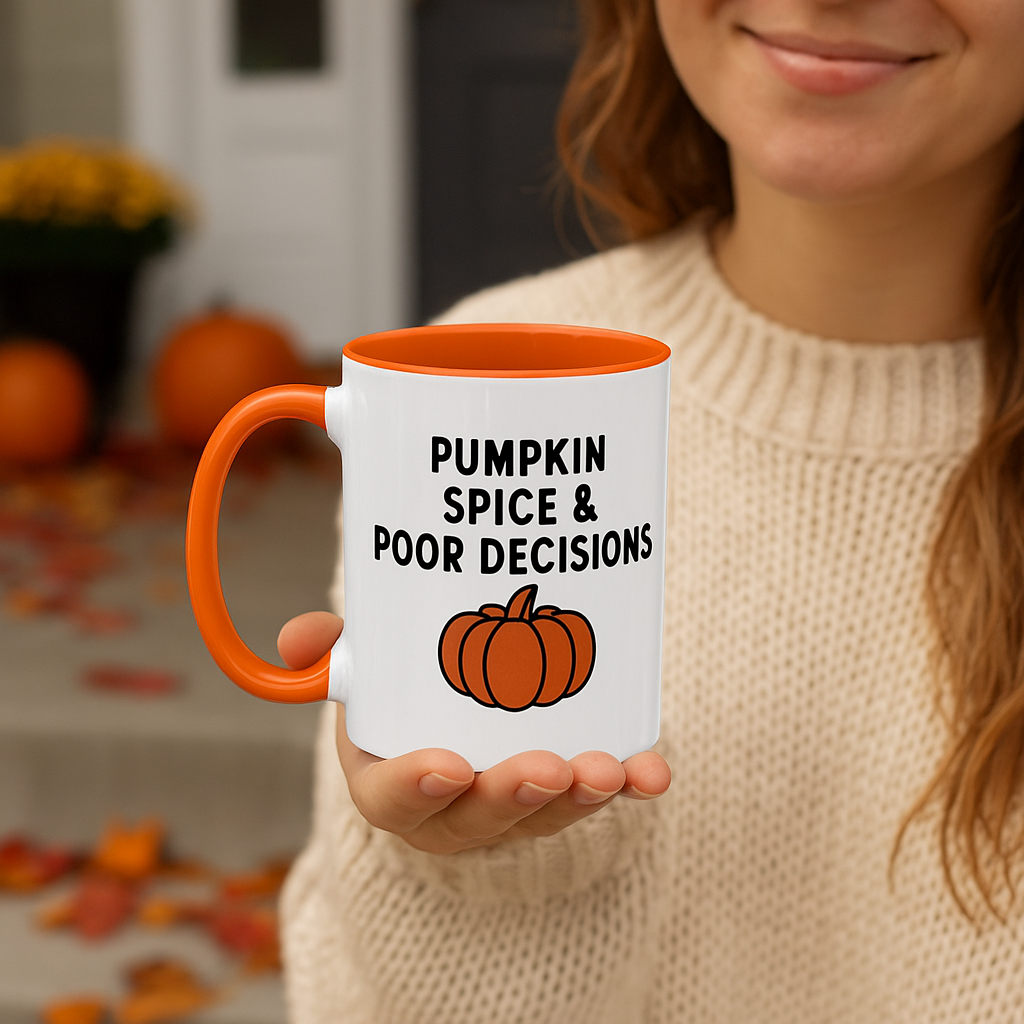 Pumpkin Spice & Poor Decisions Mug, Funny Fall Coffee Cup, Sarcastic Autumn Gift, Pumpkin Humor Mug, PSL Coffee Lover Gift