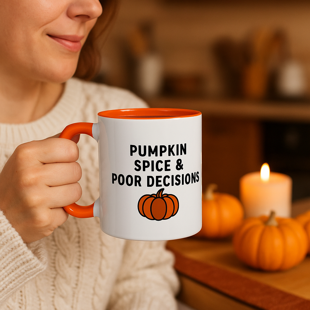Pumpkin Spice & Poor Decisions Mug, Funny Fall Coffee Cup, Sarcastic Autumn Gift, Pumpkin Humor Mug, PSL Coffee Lover Gift