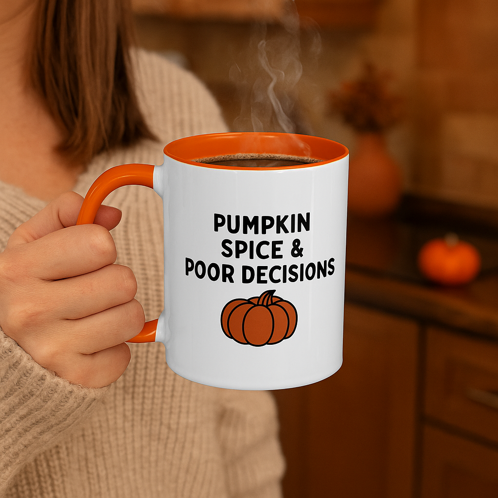 Pumpkin Spice & Poor Decisions Mug, Funny Fall Coffee Cup, Sarcastic Autumn Gift, Pumpkin Humor Mug, PSL Coffee Lover Gift