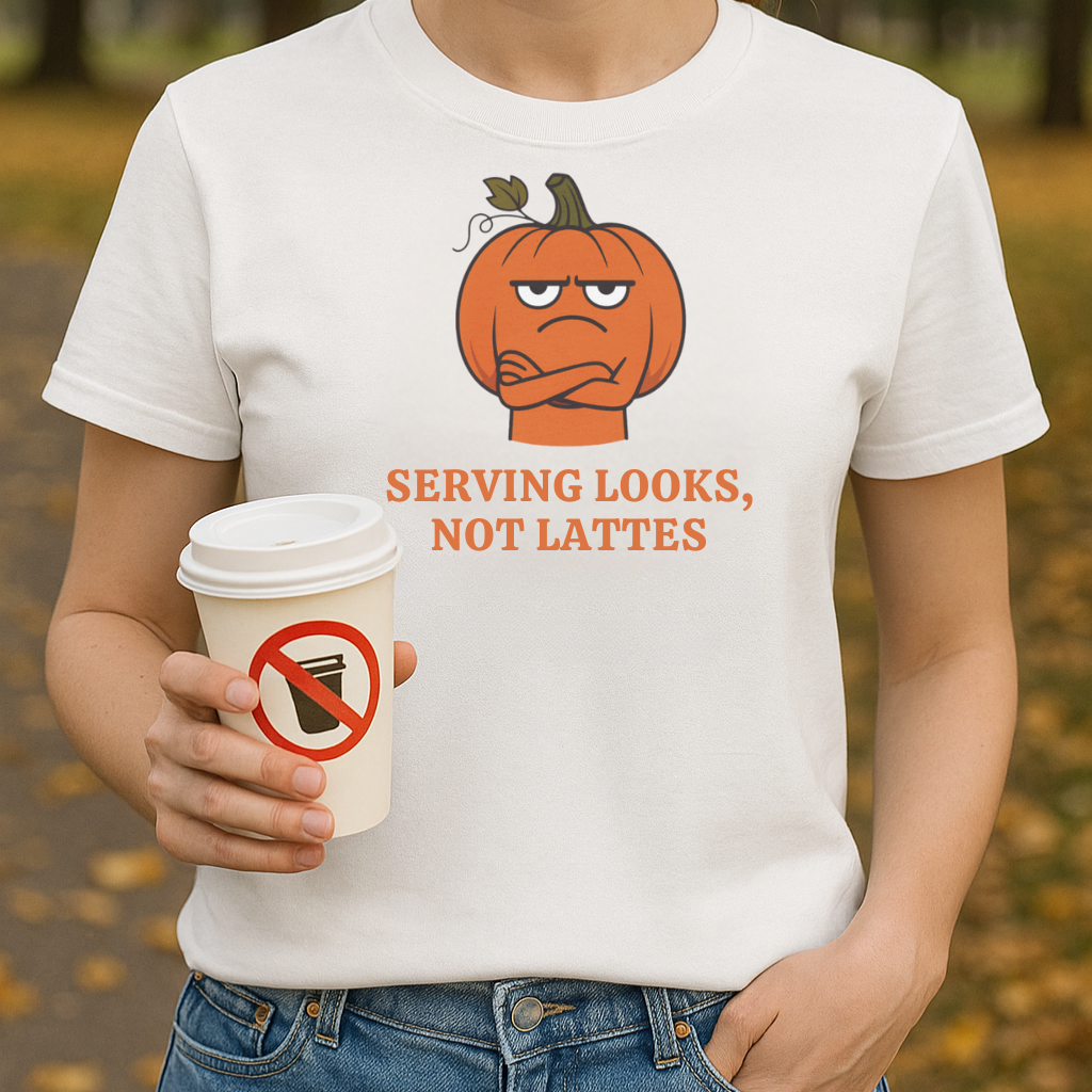 Serving Looks, Not Lattes T-shirt, Unisex Graphic Tee, Fall Festival Apparel, Funny Pumpkin Shirt