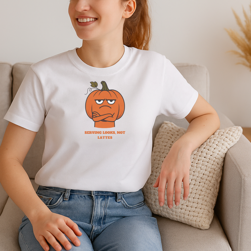 Serving Looks, Not Lattes T-shirt, Unisex Graphic Tee, Fall Festival Apparel, Funny Pumpkin Shirt