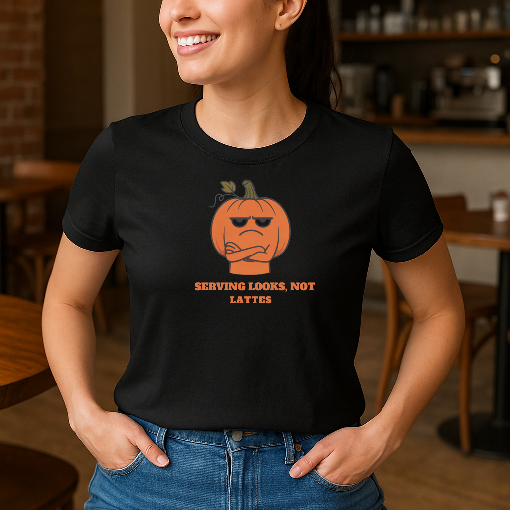 Serving Looks, Not Lattes T-shirt, Unisex Graphic Tee, Fall Festival Apparel, Funny Pumpkin Shirt
