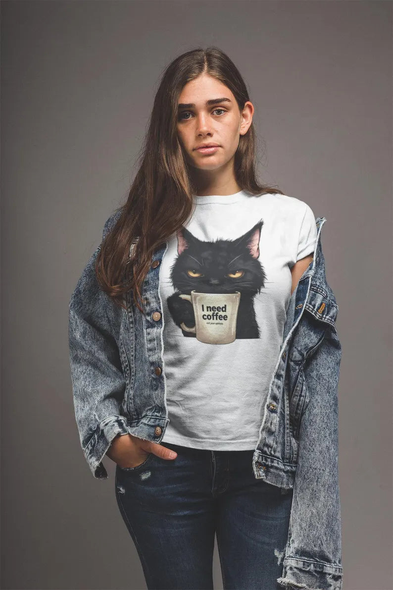 I Need Coffee Not Your Opinions Funny Black Cat TShirt Sarcastic Coffee Lover Tee Grumpy Cat Shirt Unisex Bella+Canvas 3001