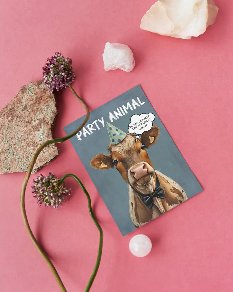 Custom Flat Cow Birthday Card | Minimal Funny Farm Animal Humor | Party Lovers Printable Download | Unique & Quirky Greeting Card Template