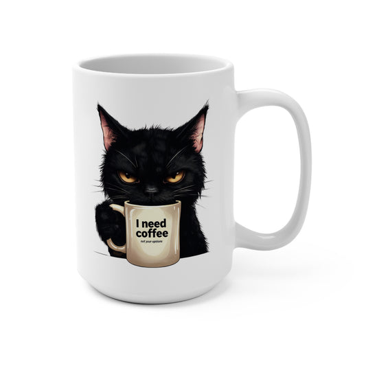 I Need Coffee Not Your Opinions Grumpy Black Cat Mug  Funny Coffee Lover Gift  Sarcastic Cat Owner Cup  Morning Mood Mug  15oz
