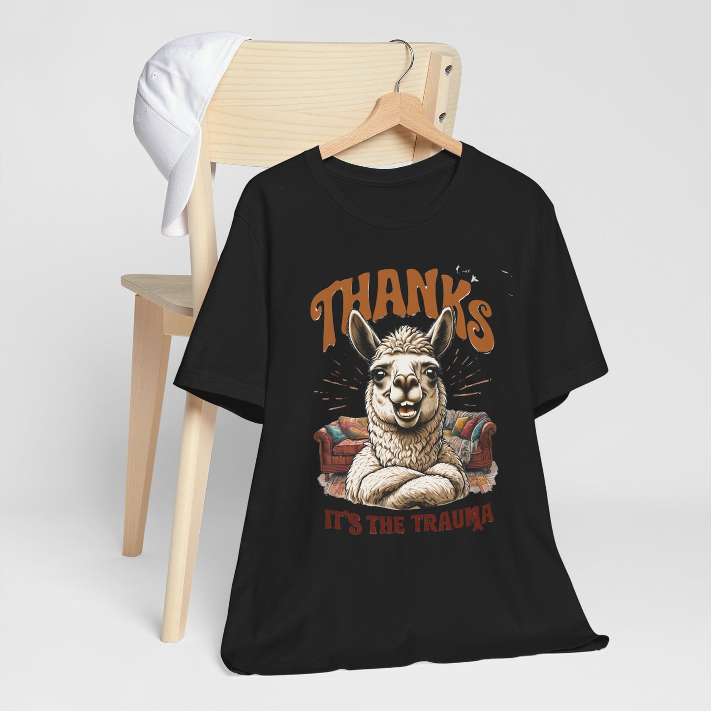 Thanks Its the Trauma Llama T-Shirt  Funny Therapy Humor Tee  Sarcastic Mental Health Gift  Unisex Bella+Canvas 3001  Gift for Overthinkers