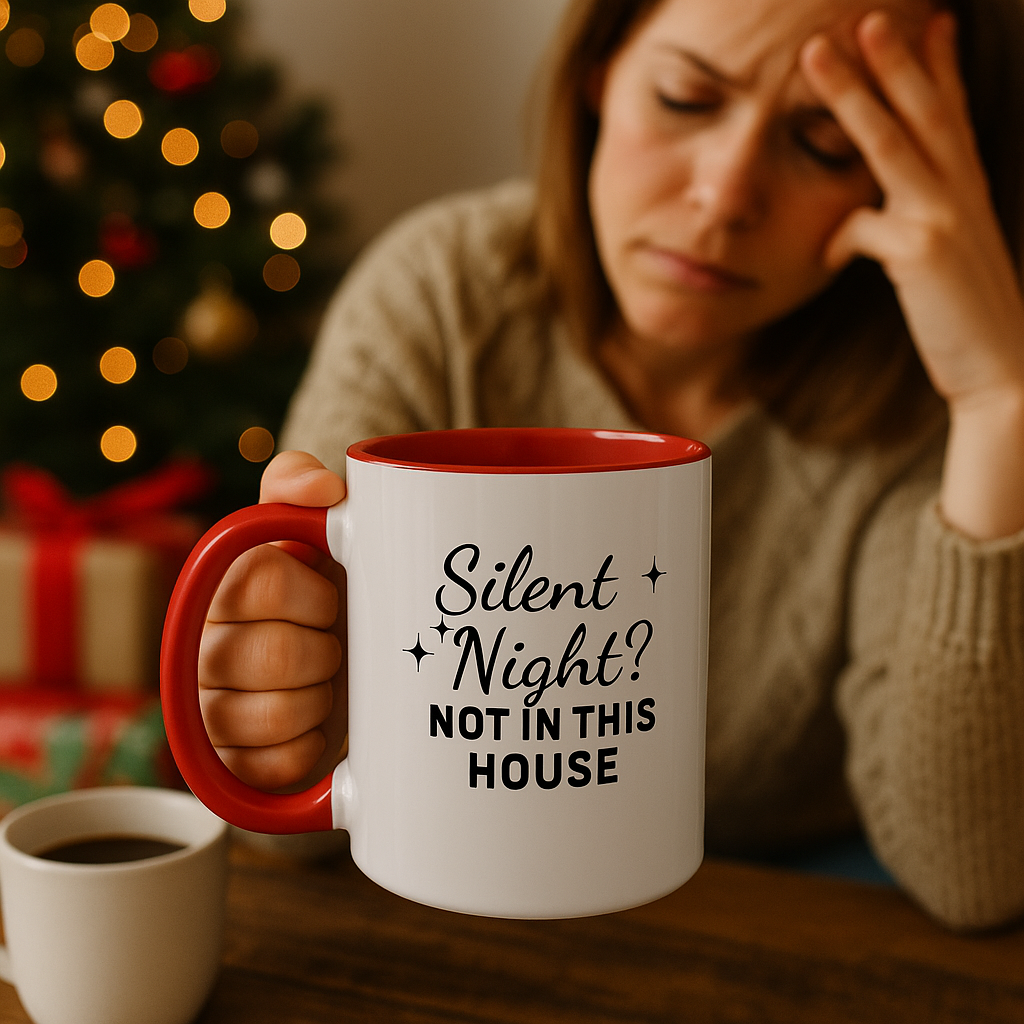 Silent Night? Not In This House – Funny Christmas Mug, Humorous Holiday Coffee Cup, Sarcastic Gift for Parents, Friends & Coworkers