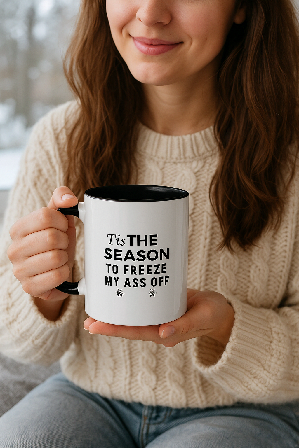 Tis the Season to Freeze My Ass Off” Funny Winter Coffee Mug | Black 11oz Ceramic Cup | Sarcastic Holiday Gift