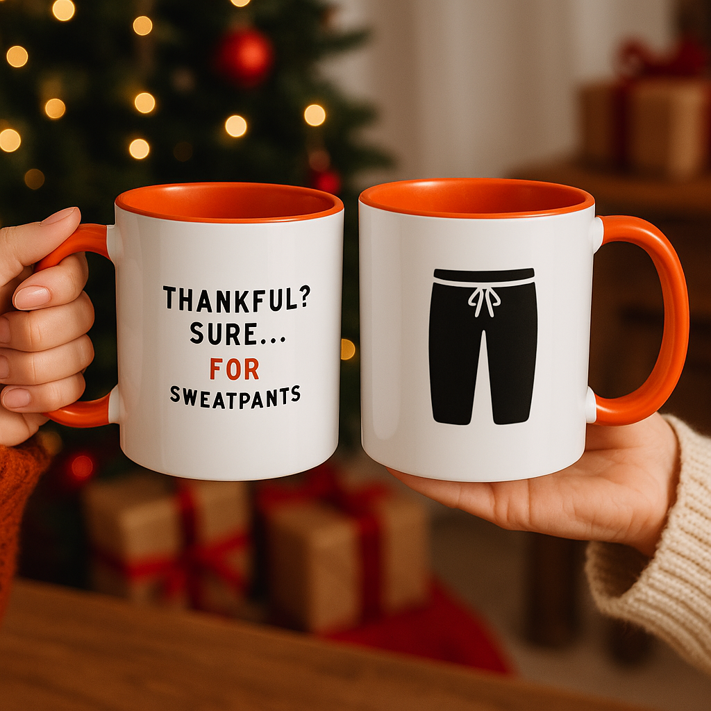 Thankful? Sure… For Sweatpants” Funny Thanksgiving Mug | 11oz Orange Ceramic Coffee Cup | Sarcastic Fall Gift