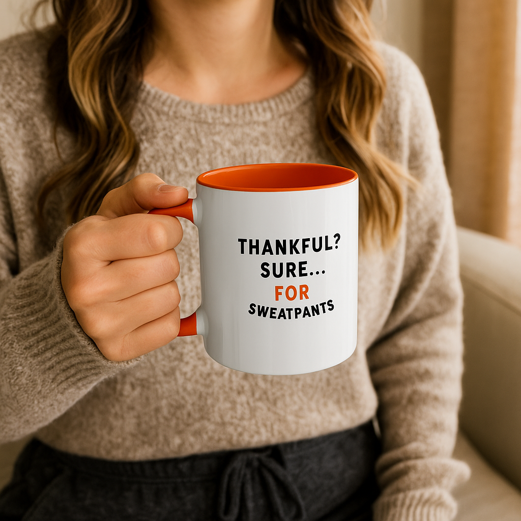 Thankful? Sure… For Sweatpants” Funny Thanksgiving Mug | 11oz Orange Ceramic Coffee Cup | Sarcastic Fall Gift