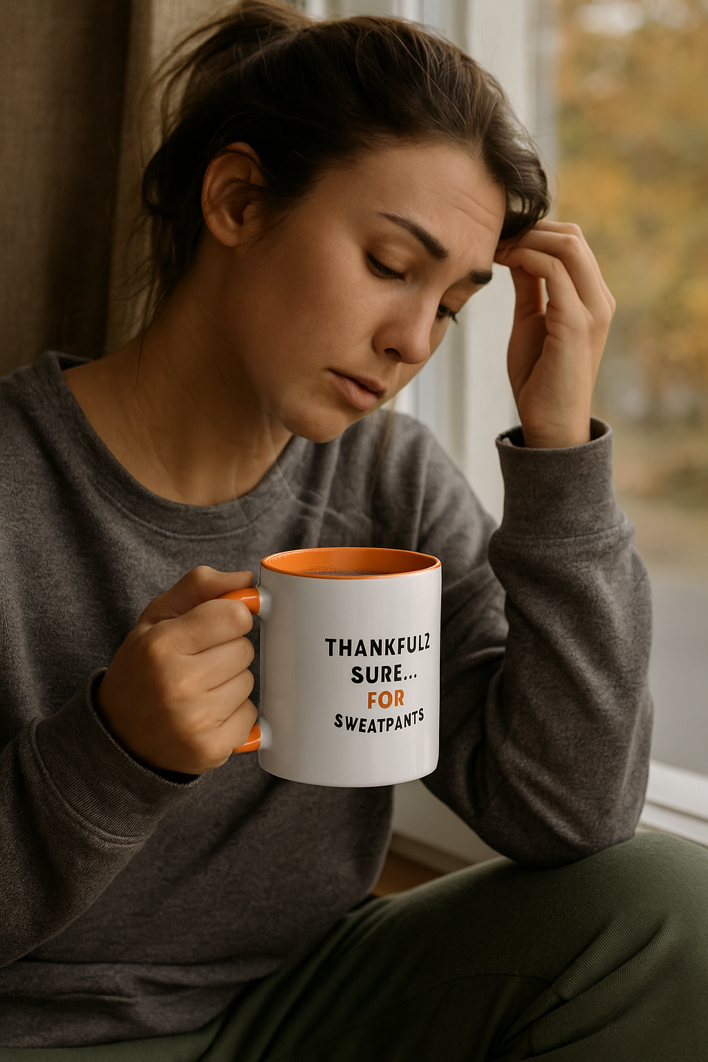 Thankful? Sure… For Sweatpants” Funny Thanksgiving Mug | 11oz Orange Ceramic Coffee Cup | Sarcastic Fall Gift