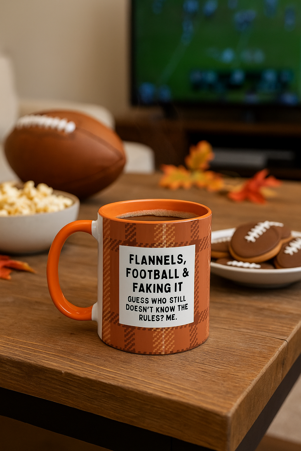 Flannels Football & Faking It Mug, Funny Fall Coffee Cup, Sarcastic Football Gift, Game Day Mug, Autumn Plaid Coffee Mug
