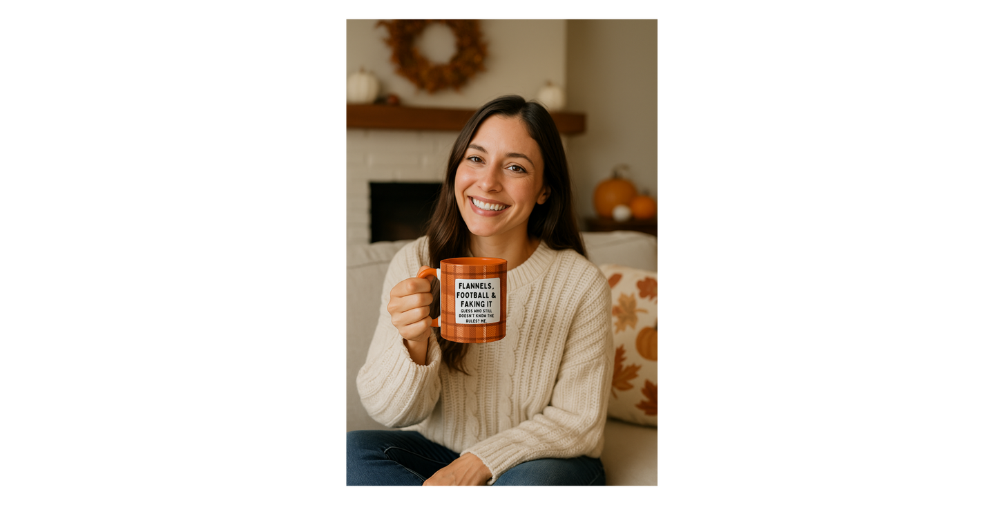 Flannels Football & Faking It Mug, Funny Fall Coffee Cup, Sarcastic Football Gift, Game Day Mug, Autumn Plaid Coffee Mug