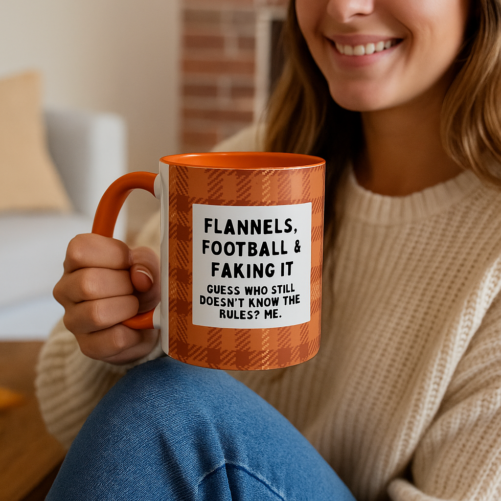 Flannels Football & Faking It Mug, Funny Fall Coffee Cup, Sarcastic Football Gift, Game Day Mug, Autumn Plaid Coffee Mug