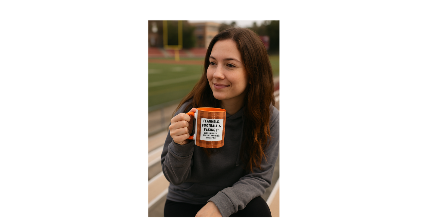 Flannels Football & Faking It Mug, Funny Fall Coffee Cup, Sarcastic Football Gift, Game Day Mug, Autumn Plaid Coffee Mug