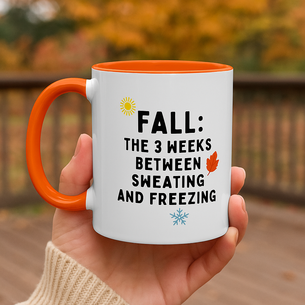 Funny Fall Mug – “3 Weeks Between Sweating & Freezing” | Sarcastic Coffee Cup