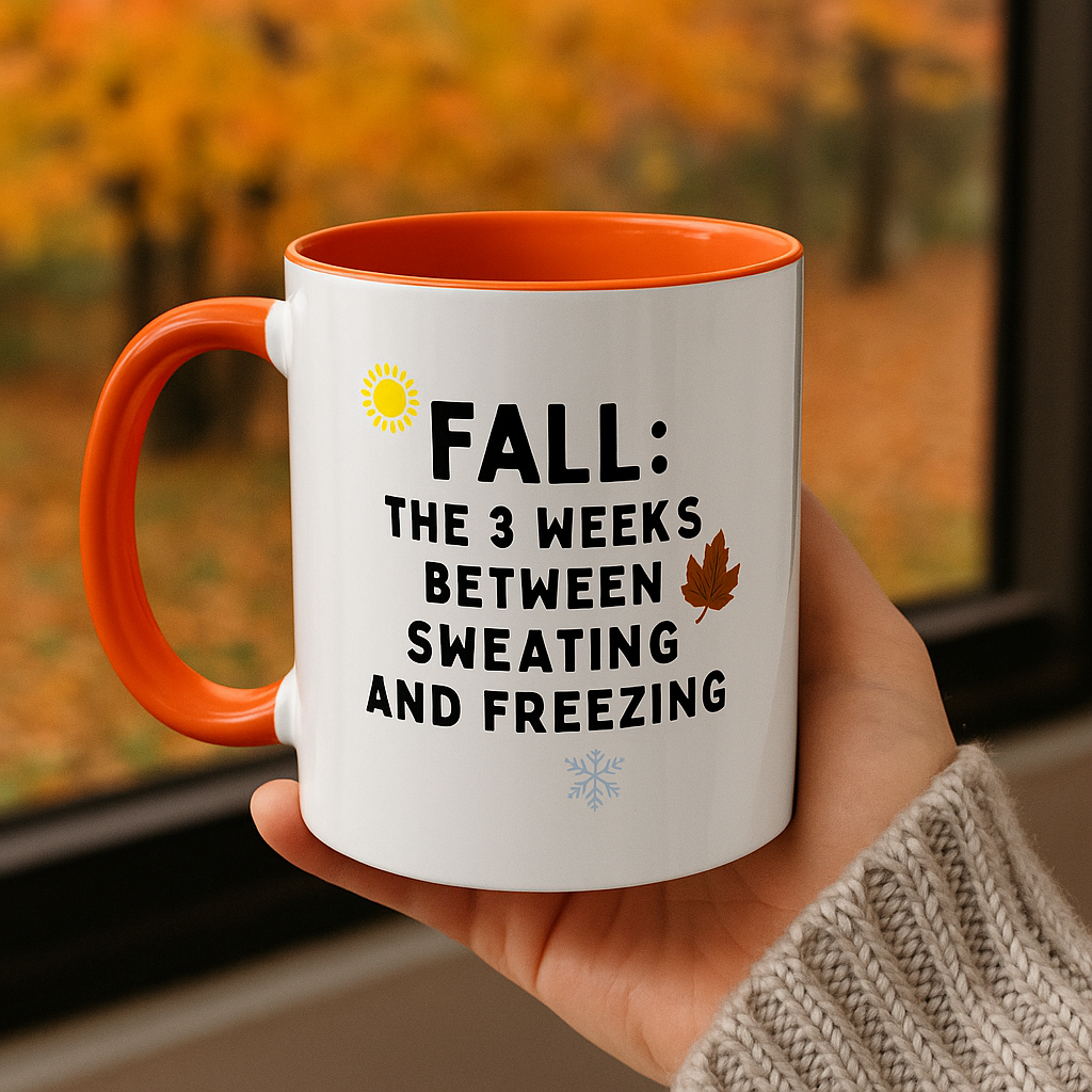 Funny Fall Mug – “3 Weeks Between Sweating & Freezing” | Sarcastic Coffee Cup