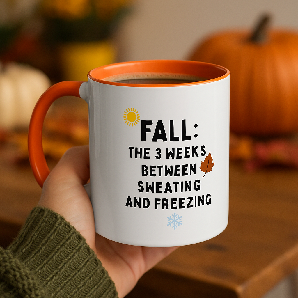 Funny Fall Mug – “3 Weeks Between Sweating & Freezing” | Sarcastic Coffee Cup