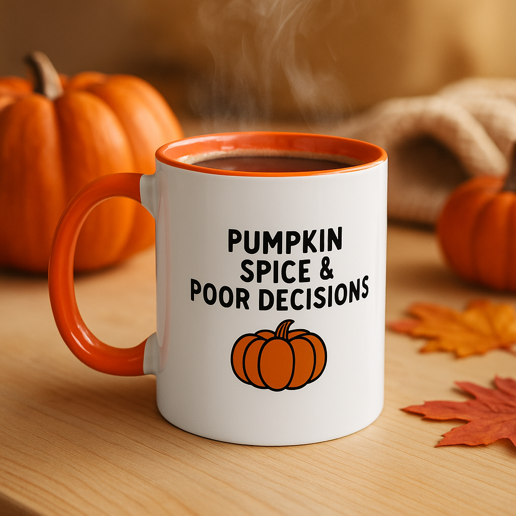 Pumpkin Spice & Poor Decisions Mug, Funny Fall Coffee Cup, Sarcastic Autumn Gift, Pumpkin Humor Mug, PSL Coffee Lover Gift
