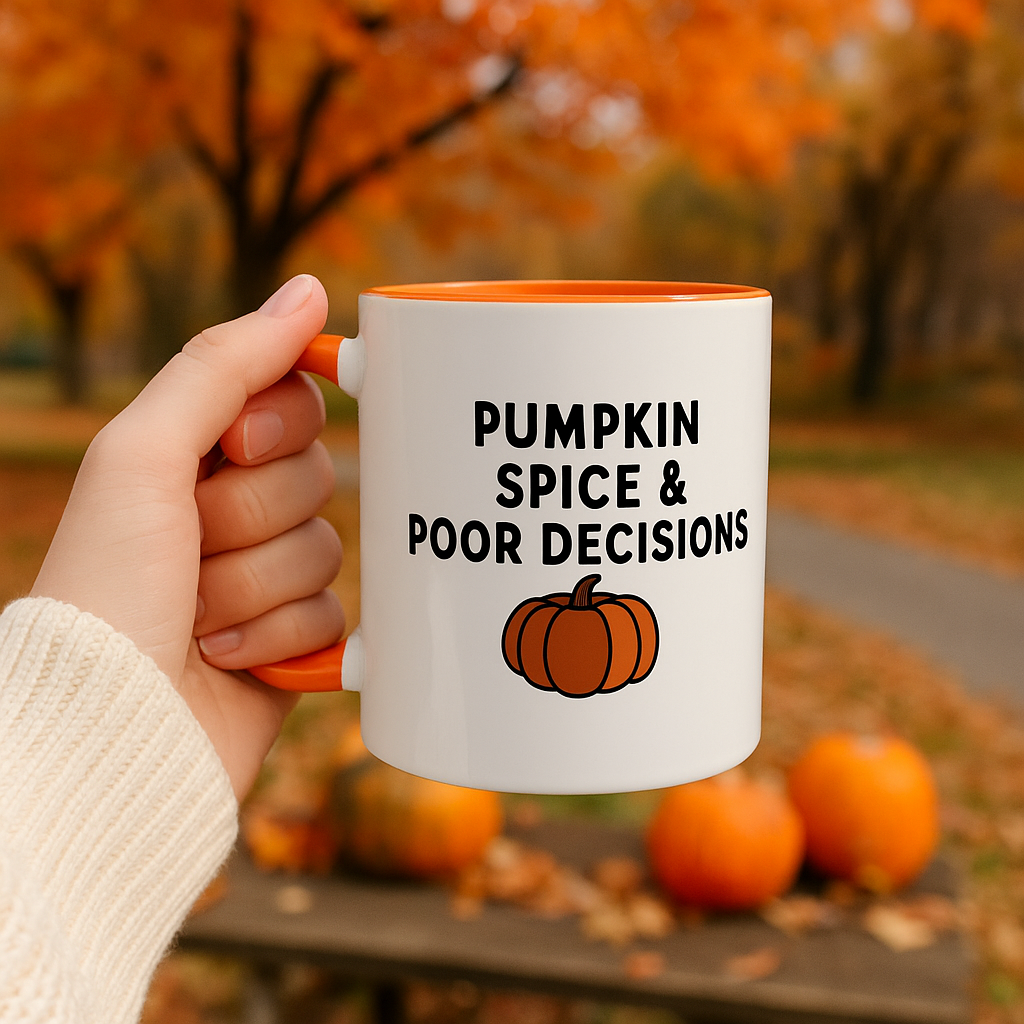 Pumpkin Spice & Poor Decisions Mug, Funny Fall Coffee Cup, Sarcastic Autumn Gift, Pumpkin Humor Mug, PSL Coffee Lover Gift