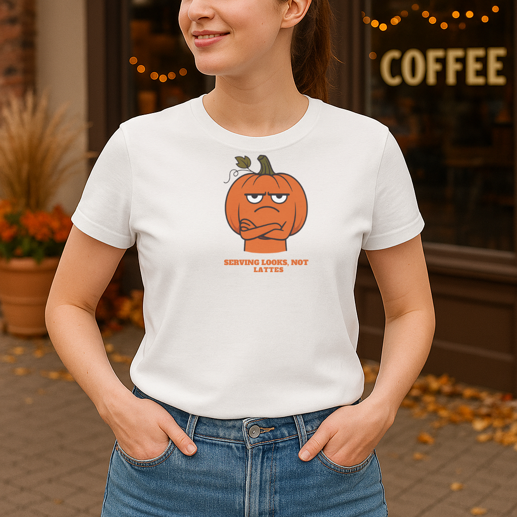 Serving Looks, Not Lattes T-shirt, Unisex Graphic Tee, Fall Festival Apparel, Funny Pumpkin Shirt