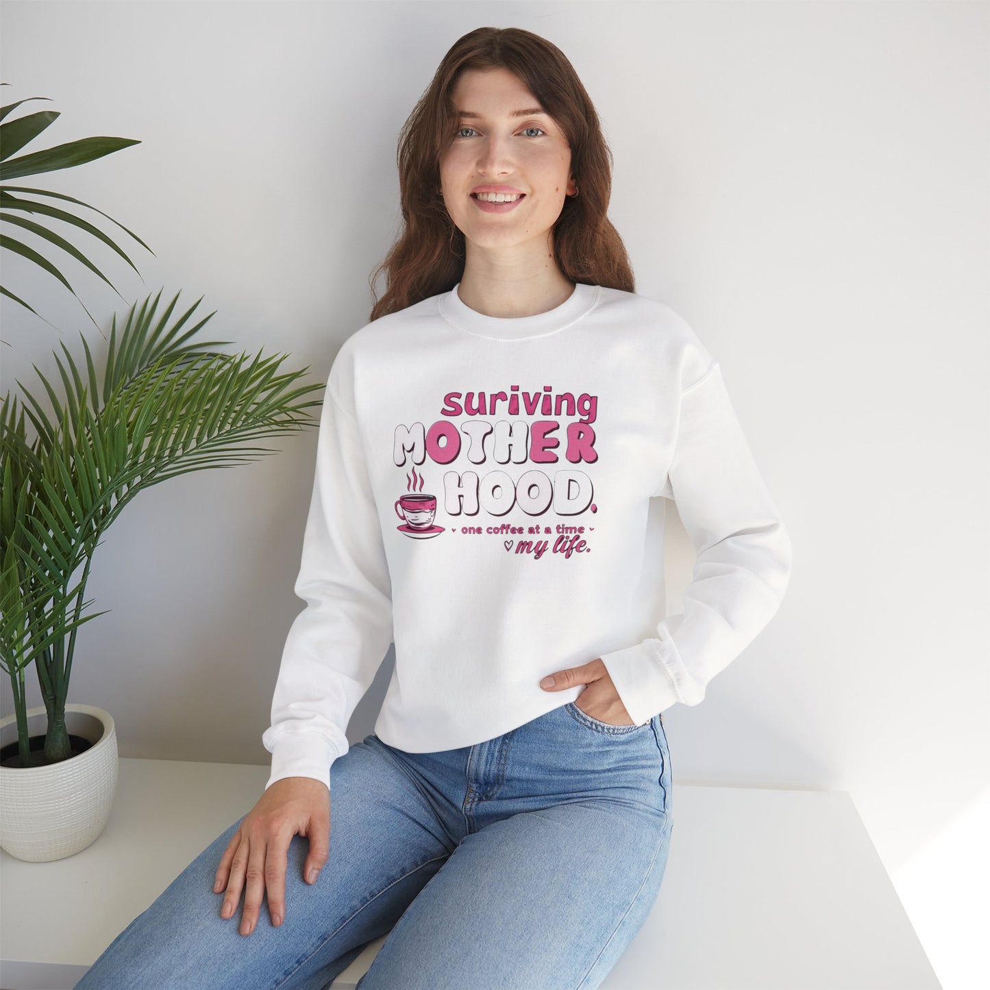 Surviving Motherhood Sweatshirt | Funny Mom Coffee Crewneck | Sarcastic Mother’s Day Gift