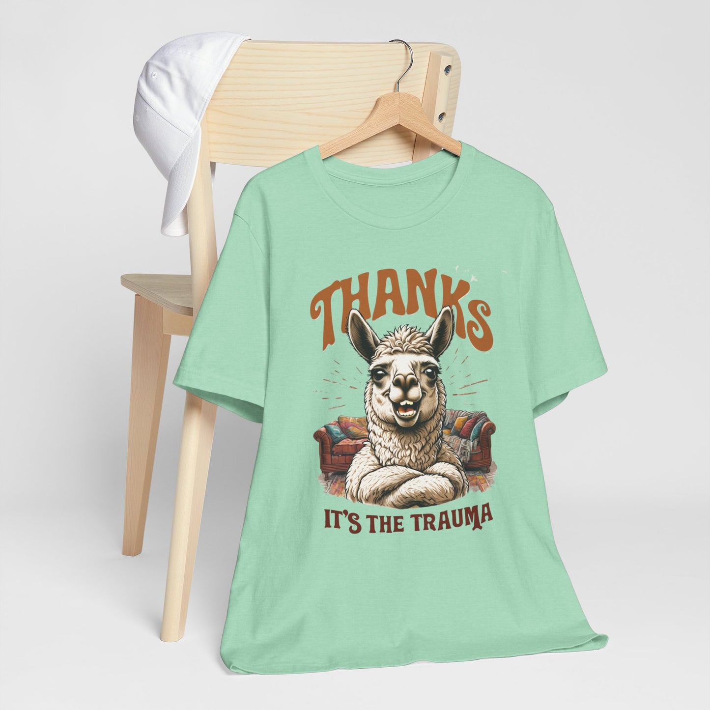 Thanks Its the Trauma Llama T-Shirt  Funny Therapy Humor Tee  Sarcastic Mental Health Gift  Unisex Bella+Canvas 3001  Gift for Overthinkers