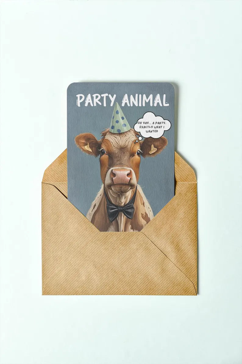 Custom Flat Cow Birthday Card | Minimal Funny Farm Animal Humor | Party Lovers Printable Download | Unique & Quirky Greeting Card Template