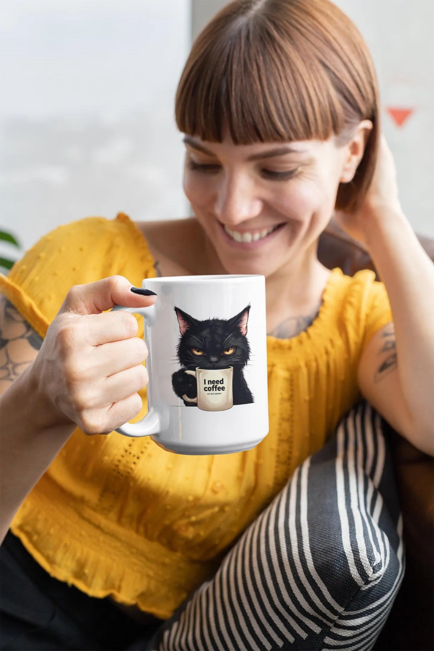 I Need Coffee Not Your Opinions Grumpy Black Cat Mug  Funny Coffee Lover Gift  Sarcastic Cat Owner Cup  Morning Mood Mug  15oz