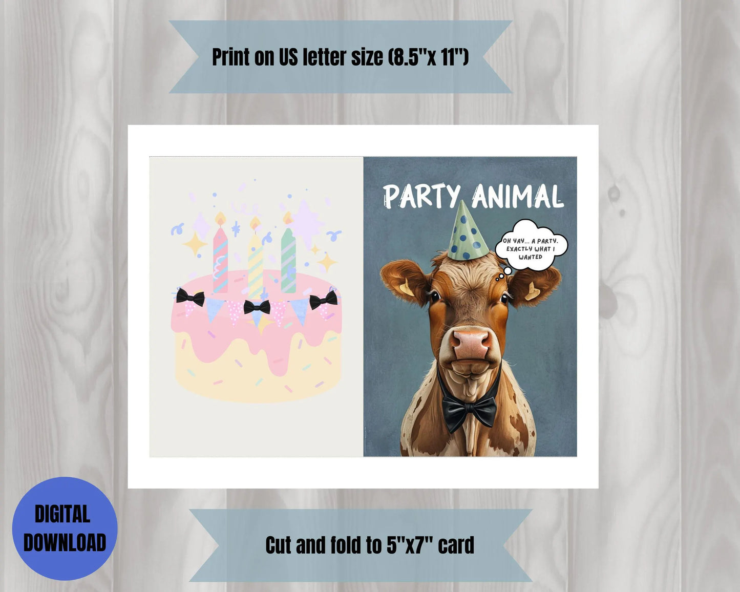 Custom Flat Cow Birthday Card | Minimal Funny Farm Animal Humor | Party Lovers Printable Download | Unique & Quirky Greeting Card Template