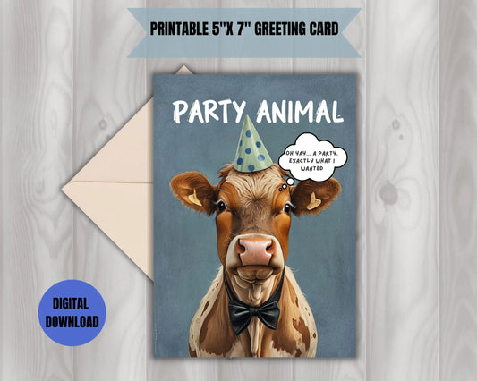 Custom Flat Cow Birthday Card | Minimal Funny Farm Animal Humor | Party Lovers Printable Download | Unique & Quirky Greeting Card Template