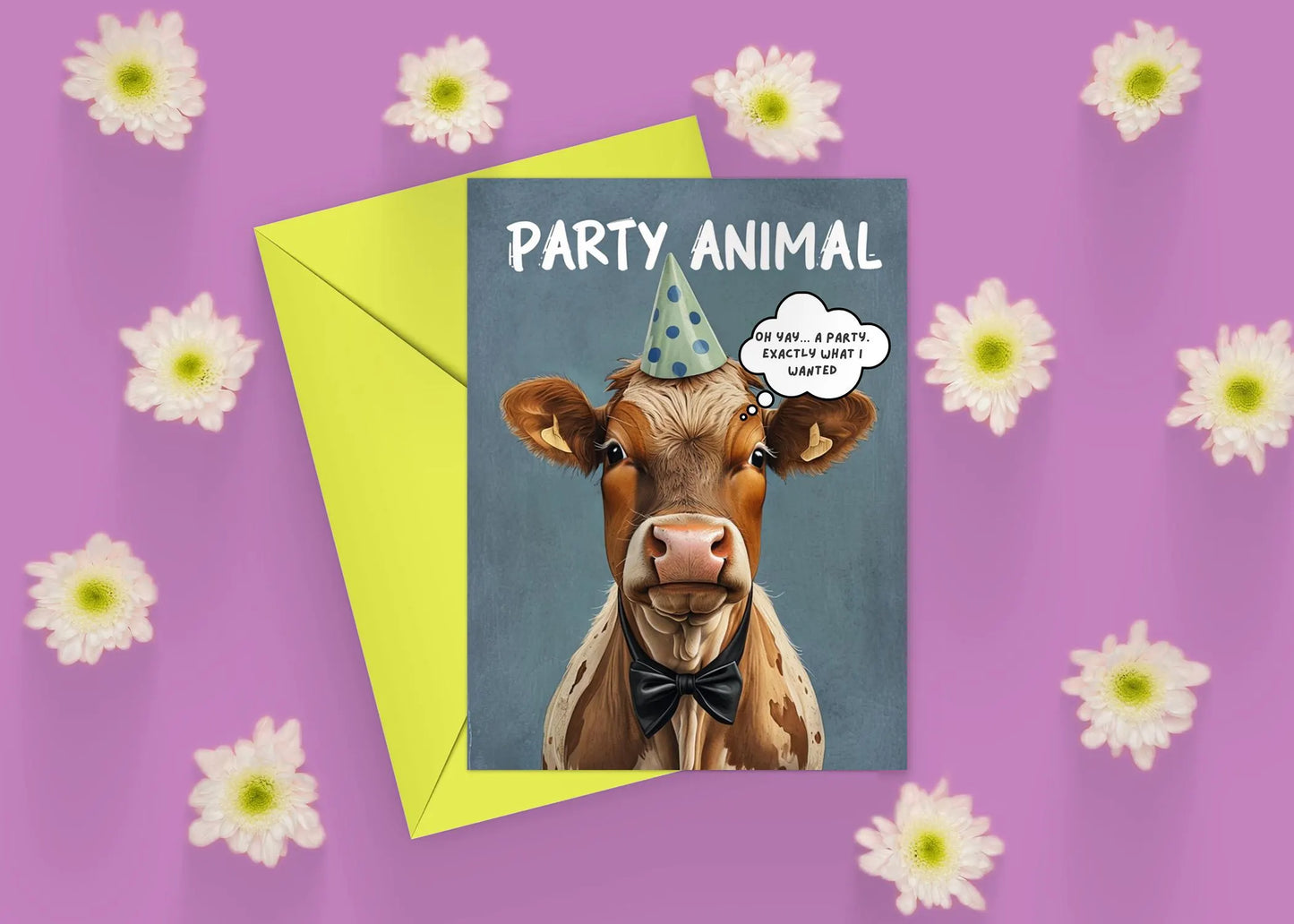 Custom Flat Cow Birthday Card | Minimal Funny Farm Animal Humor | Party Lovers Printable Download | Unique & Quirky Greeting Card Template