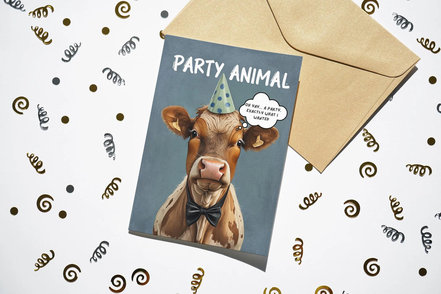 Custom Flat Cow Birthday Card | Minimal Funny Farm Animal Humor | Party Lovers Printable Download | Unique & Quirky Greeting Card Template